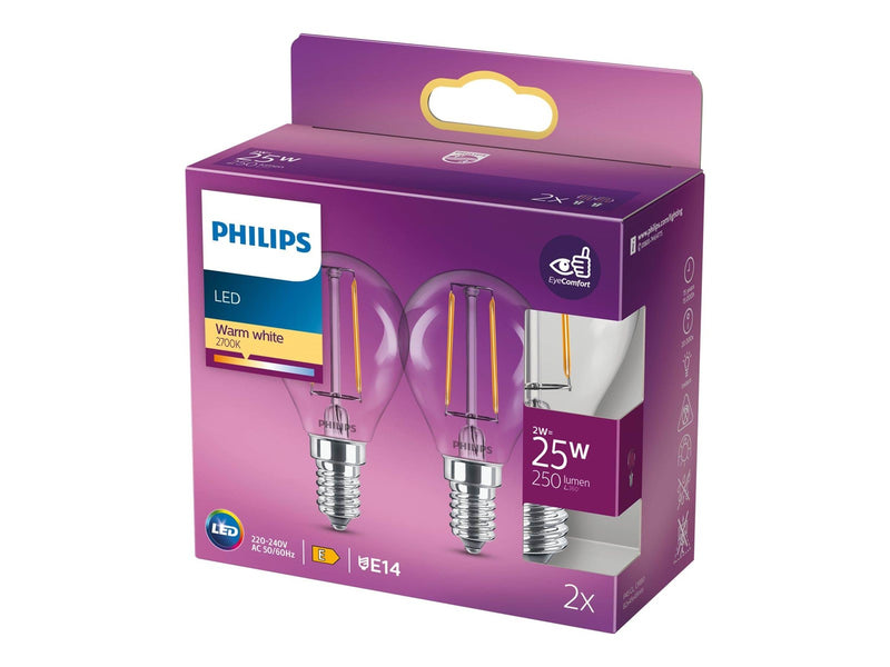Philips LED-Lampe Classic Mini-ball 2W/827 (25W) Clear 2-pack E14