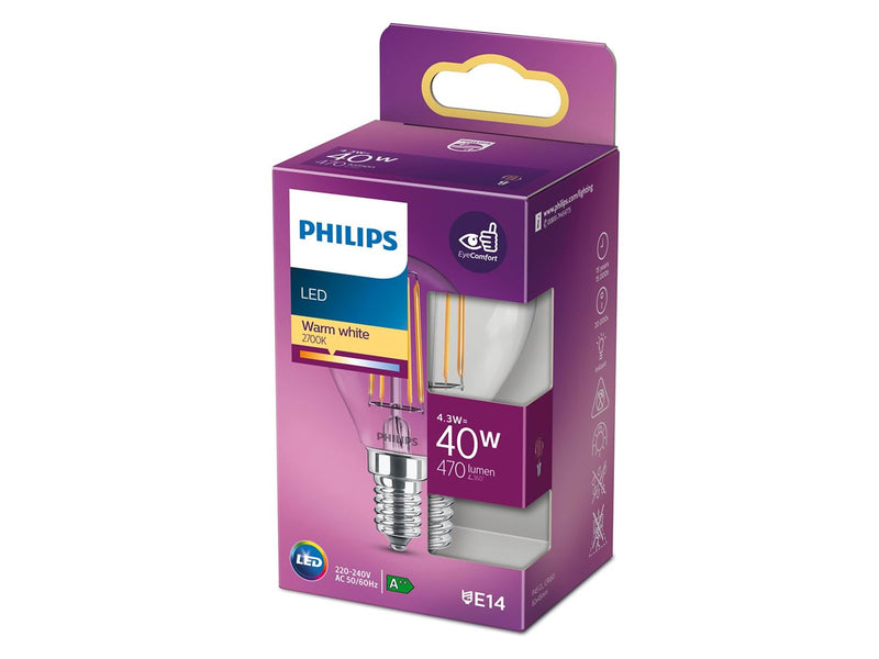 Philips LED-Lampe Classic Mini-ball 4.3W/827 (40W) Clear E14