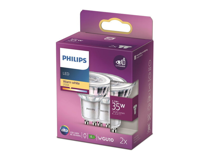 Philips LED-Lampe Classic Spot 3.5W/827 (35W) 36° 2-pack GU10