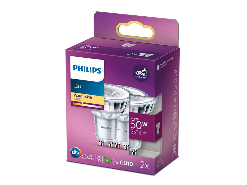 Philips LED-Lampe Classic Spot 4.6W/827 (50W) 36° 2-pack GU10