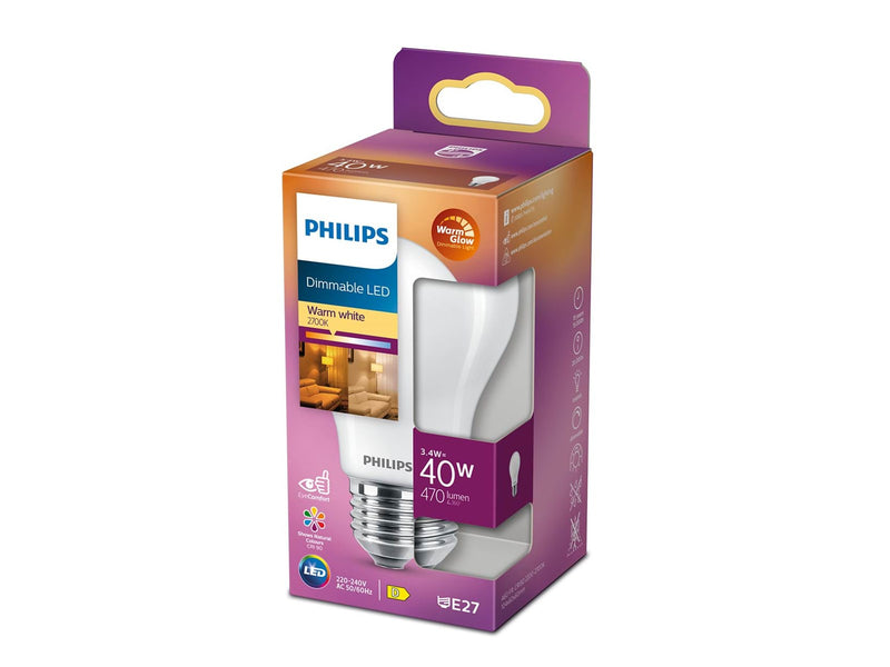 Philips LED-Lampe Classic Standard 3.4W/922-927 (40W) Frosted WarmGlow Dimmable E27