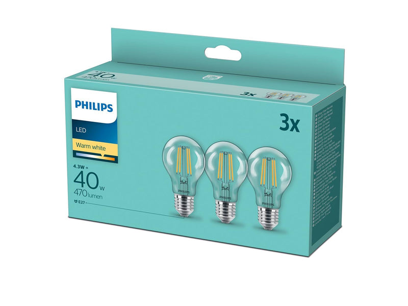 Philips LED-Lampe Classic Standard 4.3W/827 (40W) Clear 3-pack E27