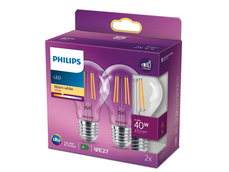 Philips LED-Lampe Classic Standard 4.3W/827 (40W) klar 2-pack E27