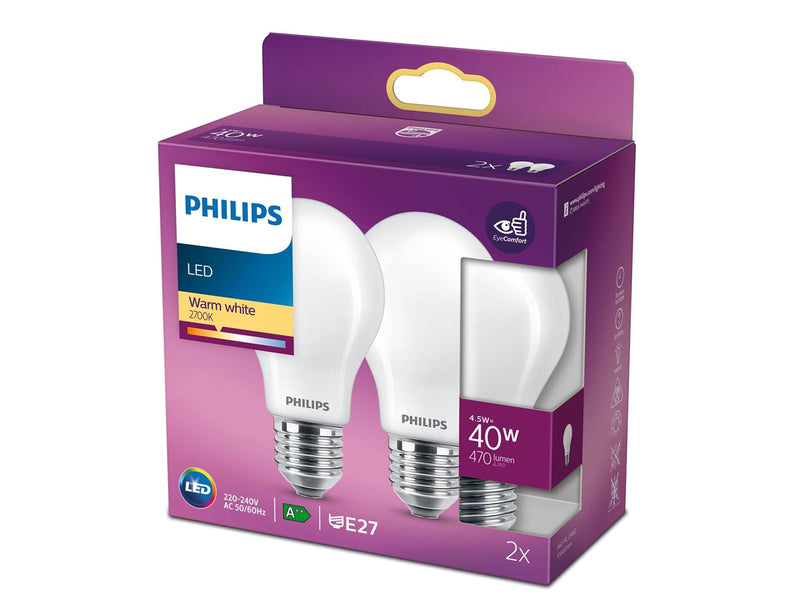 Philips LED-Lampe Classic Standard 4.5W/827 (40W) Frosted 2-pack E27