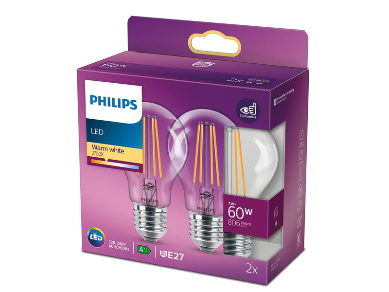 Philips LED-Lampe Classic Standard 7W/827 (60W) Clear 2-pack E27