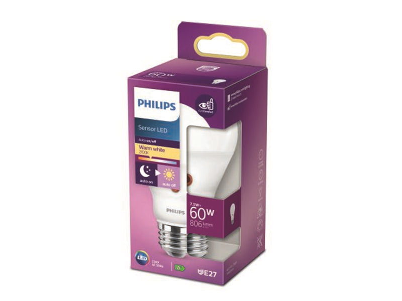 Philips LED-Lampe Classic Standard Day/Night Sensor 7.5W/827 (60W) frosted E27