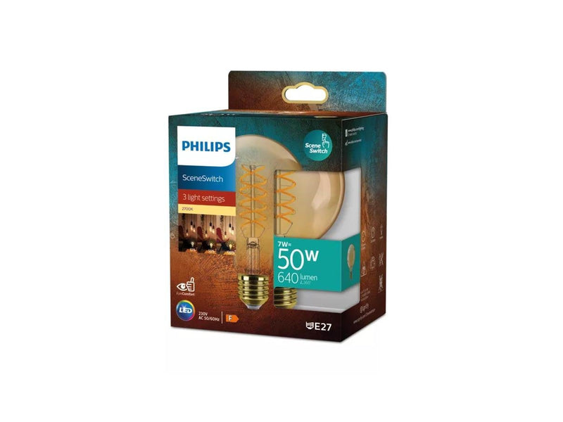 Philips LED-Lampe Filament G95 7W/827 (50W) SceneSwitch amber E27