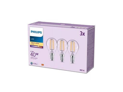 Philips LED-Lampe P45 4,3W/827 (40W) Clear 3-pack E14