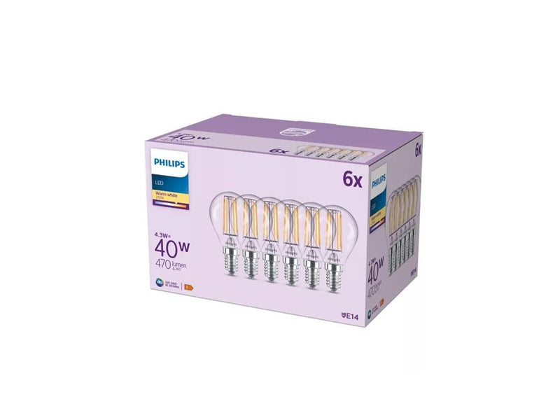 Philips LED-Lampe P45 4,3W/827 (40W) Clear 6-pack E14