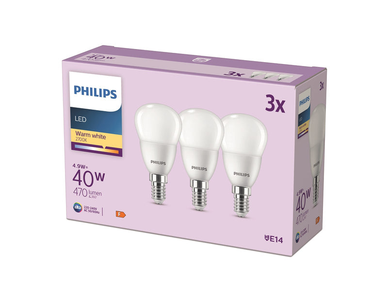 Philips LED-Lampe P45 4.9W/827 (40W) 3-pack E14