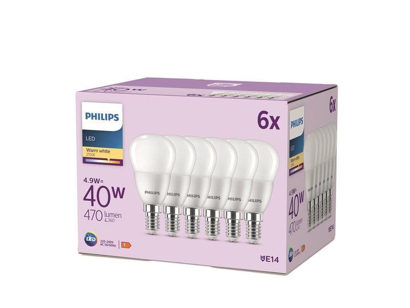 Philips LED-Lampe P45 4.9W/827 (40W) 6-pack E14