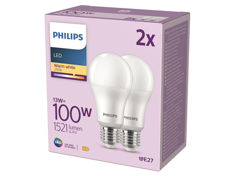 Philips LED-Lampe Standard 13W/827 (100W) Frosted 2-pack E27