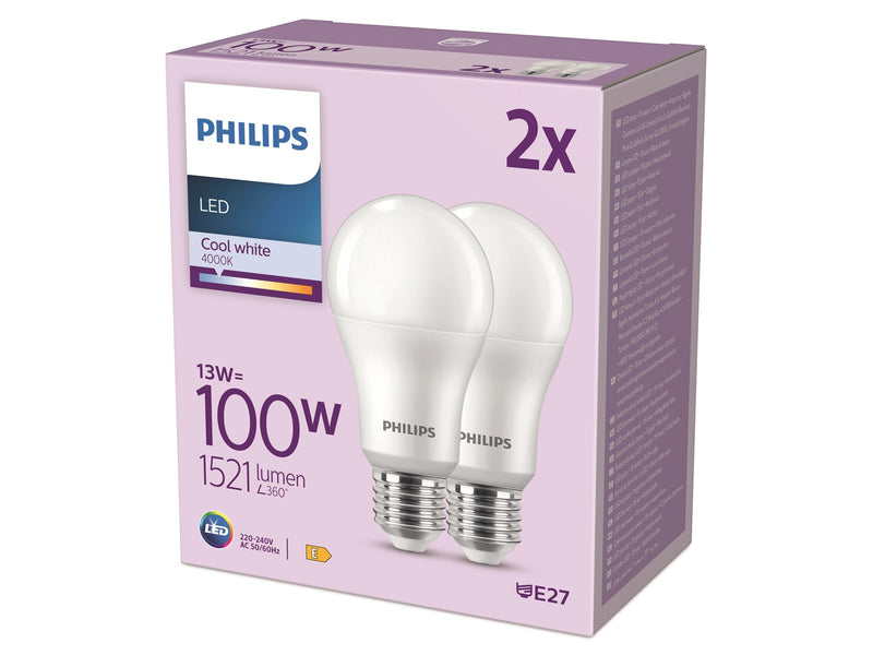 Philips LED-Lampe Standard 13W/840 (100W) frosted 2-pack E27