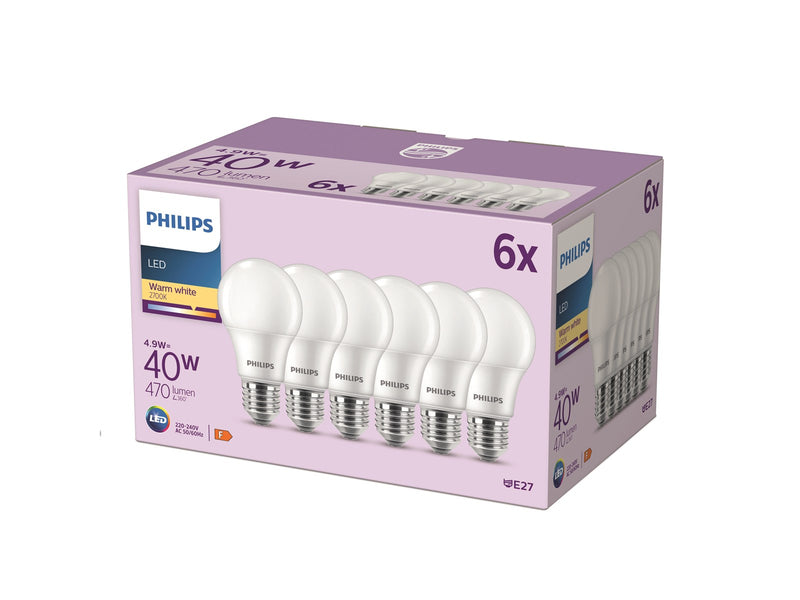 Philips LED-Lampe Standard 4.9W/827 (40W) Frosted 6-pack E27