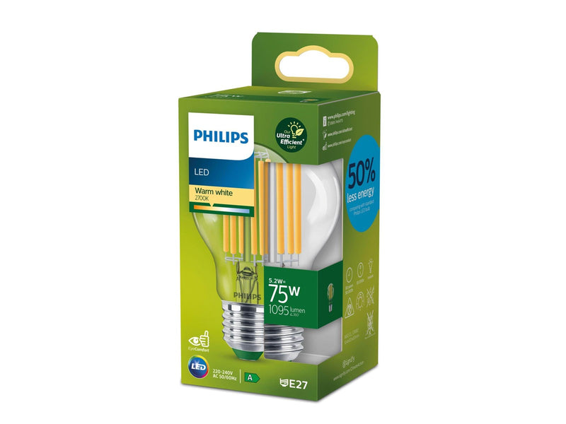Philips LED-Lampe Standard 5.2W/827 (75W) Clear E27