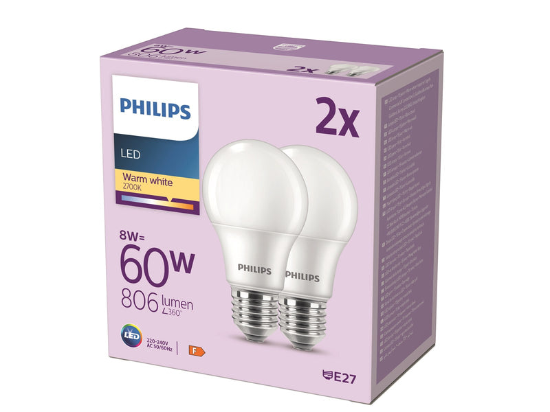 Philips LED-Lampe Standard 8W/827 (60W) Frosted 2-pack E27