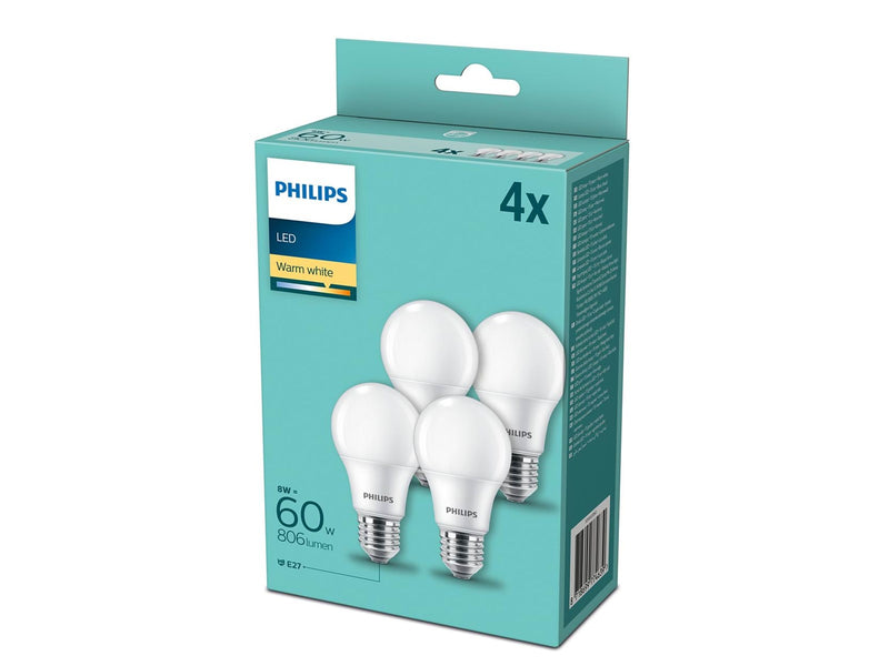 Philips LED-Lampe Standard 8W/827 (60W) Frosted 4-pack E27