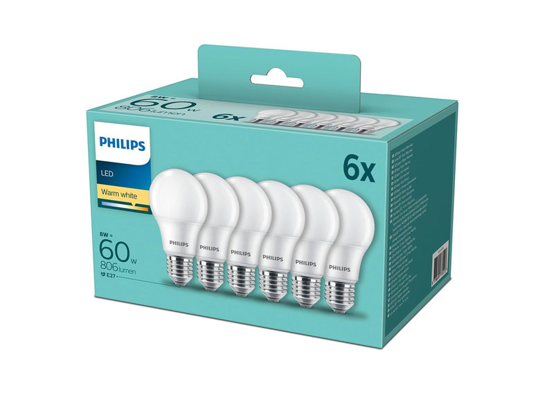 Philips LED-Lampe Standard 8W/827 (60W) Frosted 6-pack E27