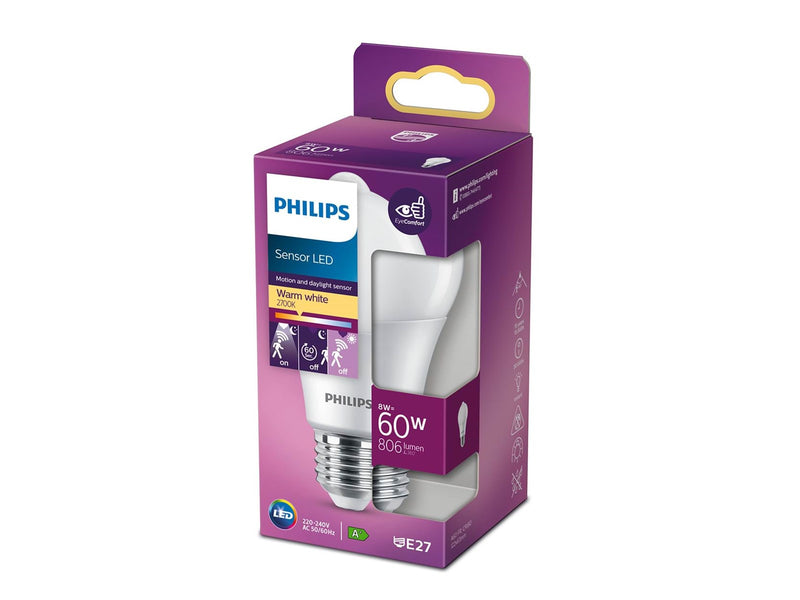 Philips LED-Lampe Standard Sensor 8W/827 (60W) Frosted E27