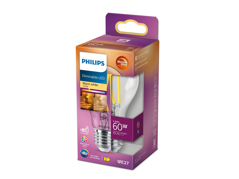 Philips LED-Lampe Standard WarmGlow 5.9W/922-927 (60W) Clear Dimmable E27