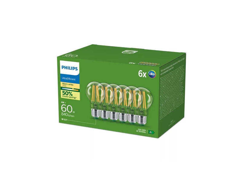 Philips LED-Lampe Ultra Efficient A60 4W/827 (60W) Clear 6-pack E27