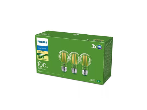 Philips LED-Lampe Ultra Efficient A60 7.3W/827 (100W) Clear 3-pack E27