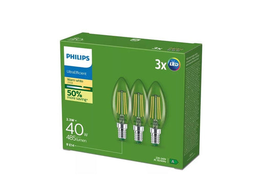 Philips LED-Lampe Ultra Efficient B35 2.3W/827 (40W) Clear 3-pack E14