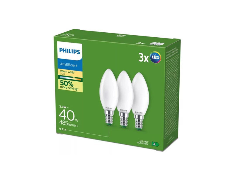 Philips LED-Lampe Ultra Efficient B35 2,3W/827 (40W) Frosted 3-pack E14