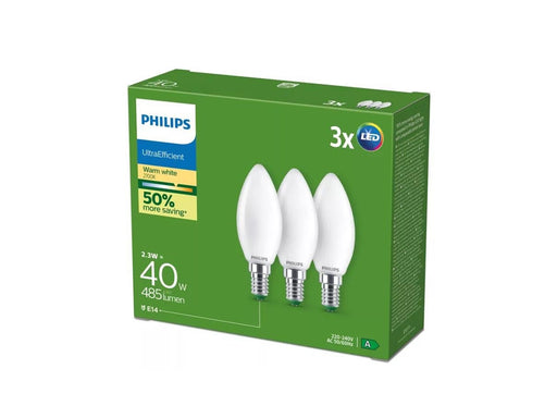 Philips LED-Lampe Ultra Efficient B35 2,3W/827 (40W) Frosted 3-pack E14