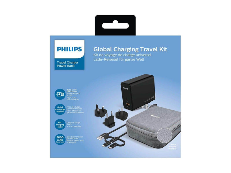Philips Reiseadapter und Powerbank – 5000 mAh - QC 3.0 & PD (inkl. USB-A- auf USB-C/Lightning-Kabel)