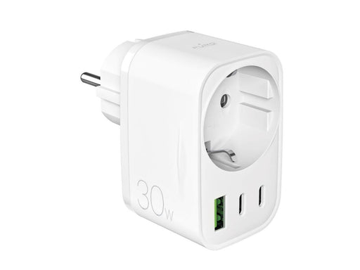 Puro 30W Power Delivery Charger with Schuko Plug and Socket 2x USB-C + 1x USB-A - White