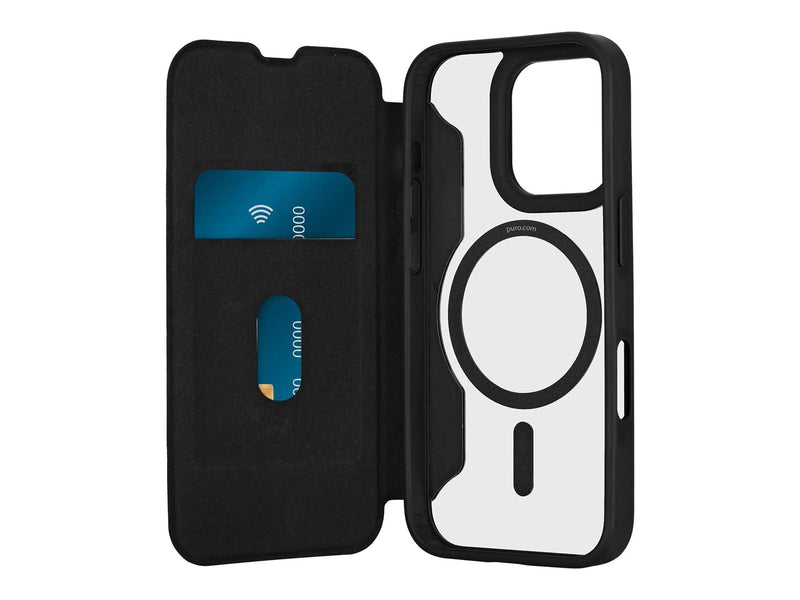 Puro Book Mag MagSafe Leather Case with Flap and Card Slot for iPhone 16 Pro - Black