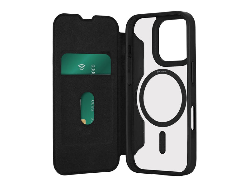 Puro Book Mag MagSafe Leather Case with Flap and Card Slot for iPhone 16 Pro Max - Black