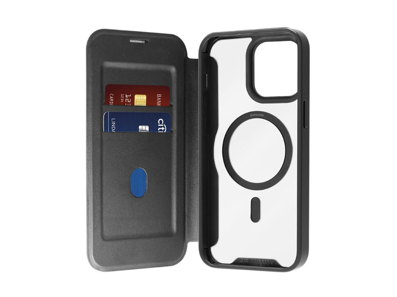 Puro Book Mag MagSafe Leather Case with Flap and Card Slot for iPhone 16 Pro Max - Black