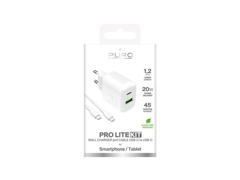 Puro PROLITE 20W USB-A / USB-C Wall Charger + USB-C - USB-C 1.2m Cable - White