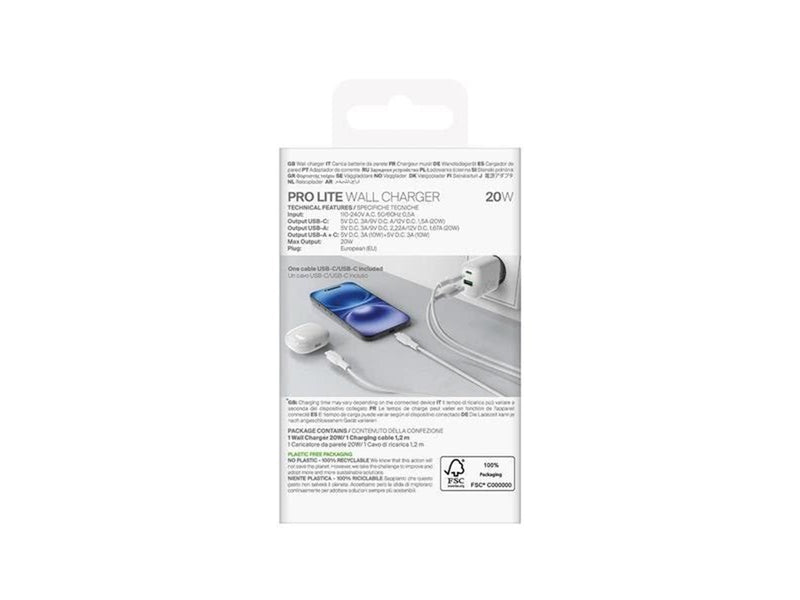 Puro PROLITE 20W USB-A / USB-C Wall Charger + USB-C - USB-C 1.2m Cable - White