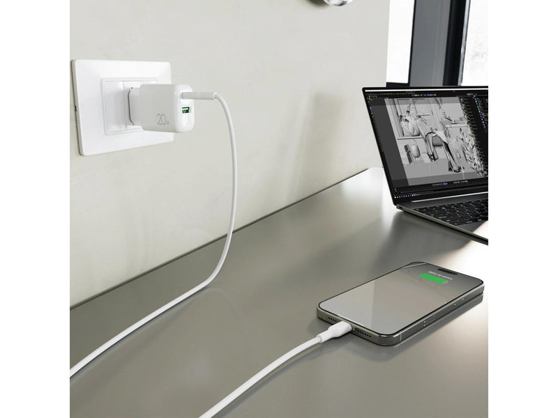 Puro PROLITE 20W USB-A / USB-C Wall Charger + USB-C - USB-C 1.2m Cable - White
