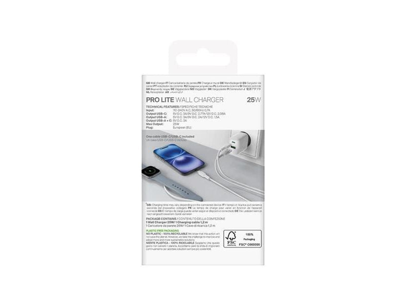Puro PROLITE 25W USB-A / USB-C Wall Charger + USB-C - USB-C 1.2m Cable - White