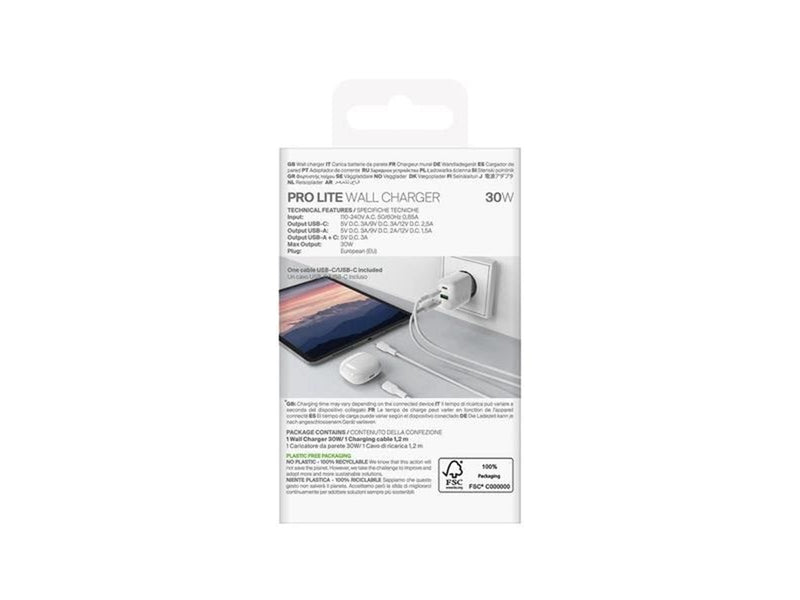 Puro  PROLITE 30W USB-A / USB-C Wall Charger + USB-C - USB-C 1.2m Cable - White