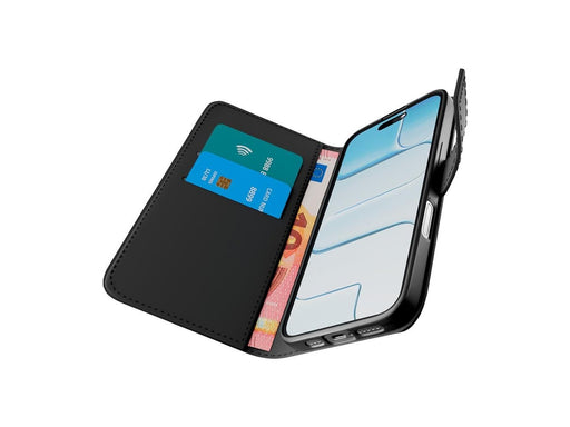 Puro Wallet Stand case for iPhone 17 made of faux-leather with a flap wallet and stand function - black