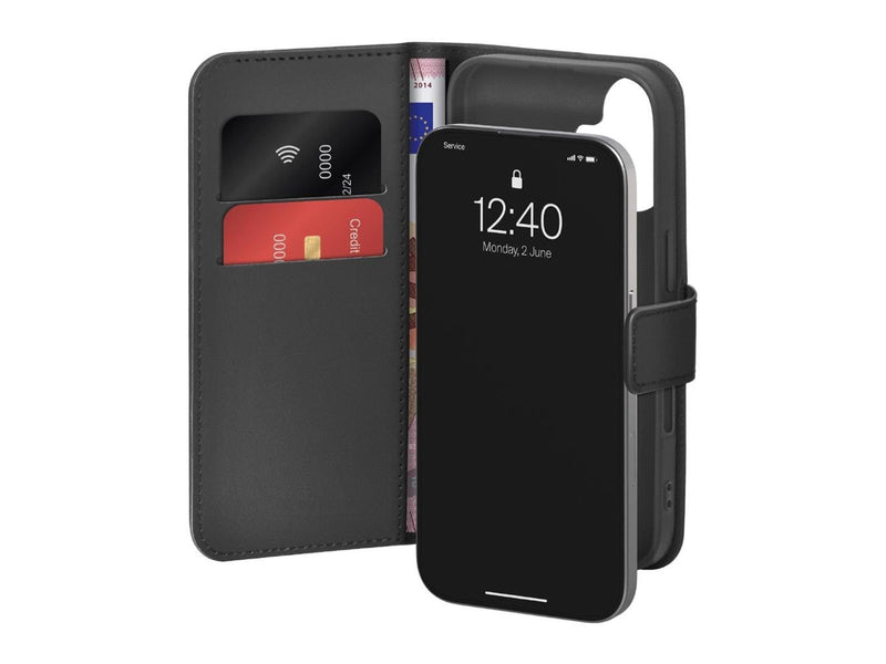 Puro Wallet Stand case for iPhone 17 made of faux-leather with a flap wallet and stand function - black