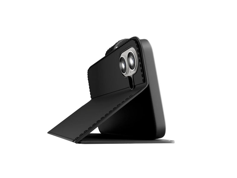Puro Wallet Stand case for iPhone 17 made of faux-leather with a flap wallet and stand function - black