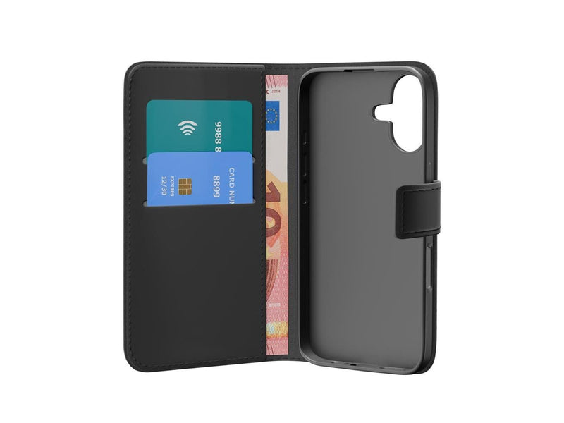 Puro Wallet Stand case for iPhone 17 made of faux-leather with a flap wallet and stand function - black