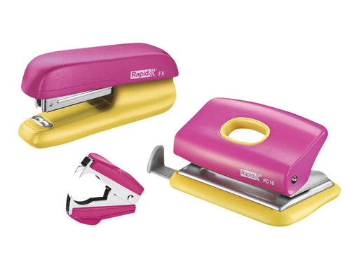 Rapid  Mini Heftgerät F5 und Locher Set Pink/Gelb
