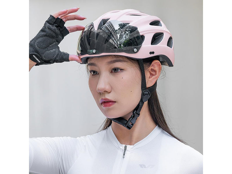 Rockbros Bike Helmet with Visor Detachable UV Goggles Detachable Visor Unisex - Pink
