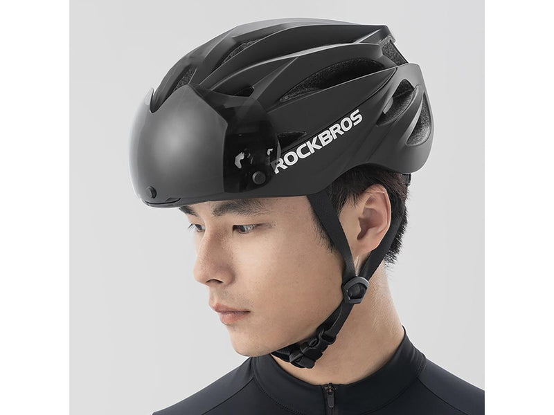 Rockbros Bike Helmet with Visor Detachable UV Protective Goggles Unisex - Black/Brown