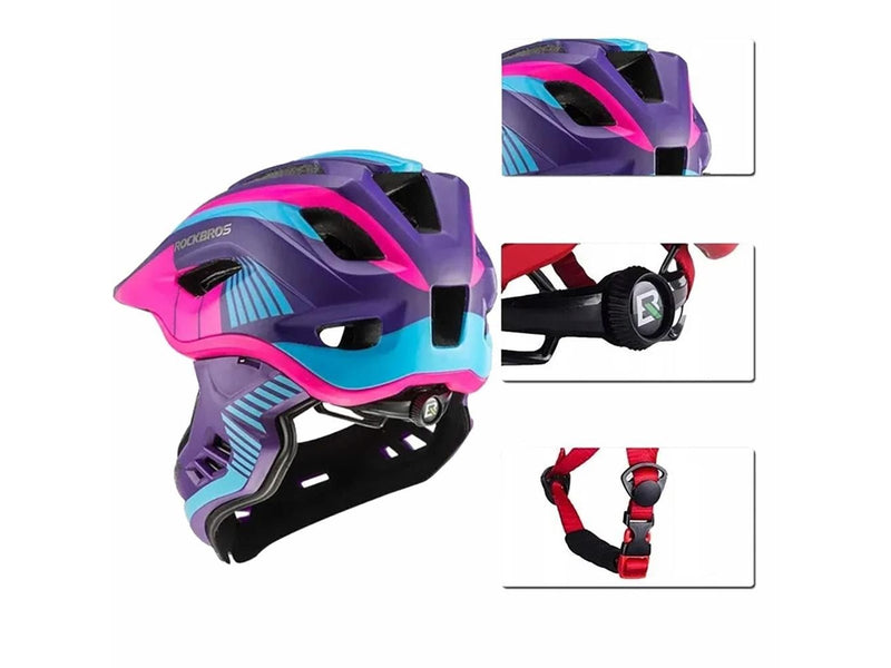 Rockbros TT-32SBPP-M children's bicycle helmet with removable chinbar size M - purple-pink