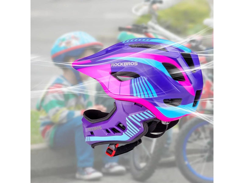 Rockbros TT-32SBPP-M children's bicycle helmet with removable chinbar size M - purple-pink