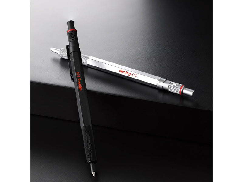 Rotring 600 Gel Pen | 0.55 mm | Black Ink | Silver Metal Body Pen | Non-Slip Knurled Grip & Hexagonal Barrel | Refillable