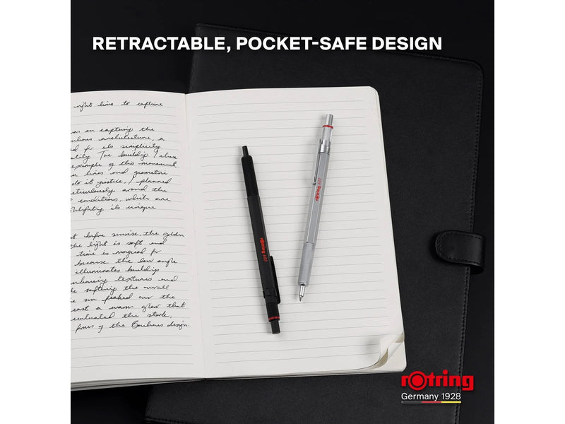 Rotring 600 Gel Pen | 0.55 mm | Black Ink | Silver Metal Body Pen | Non-Slip Knurled Grip & Hexagonal Barrel | Refillable